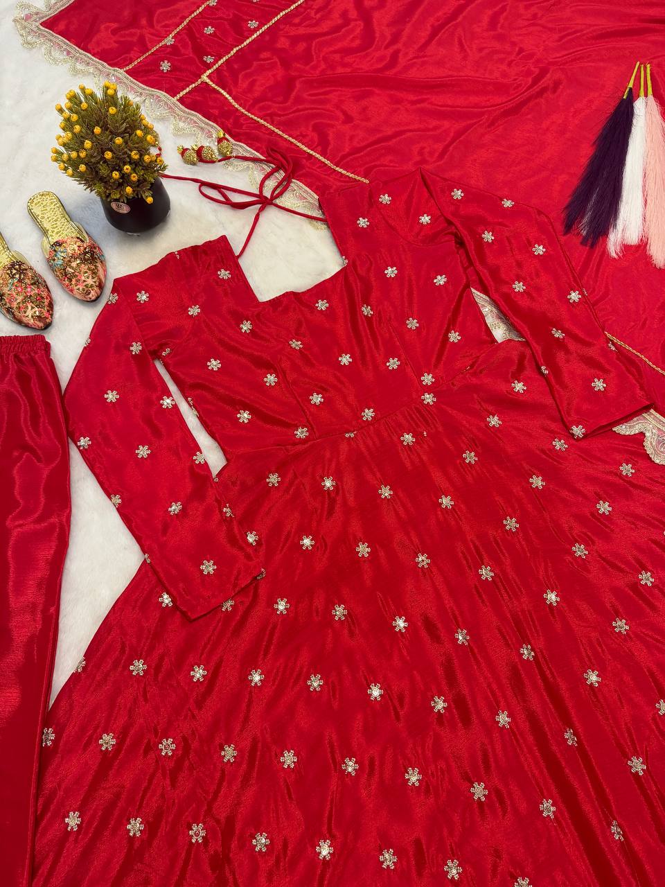Radiant Crimson Red Flared Anarkali Suit Set Adorned with Delicate Silver Starburst Motifs and an Ornate Scalloped Dupatta